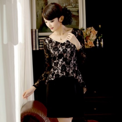 Long Sleeve V-neck Lace Noble Dress 3007-99 Long Sleeve V-neck Lace Noble Dress 3007-99