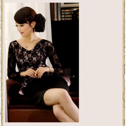 Long Sleeve V-neck Lace Noble Dress 3007-99 Long Sleeve V-neck Lace Noble Dress 3007-99