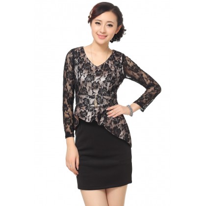 Long Sleeve V-neck Lace Noble Dress 3007-99 Long Sleeve V-neck Lace Noble Dress 3007-99