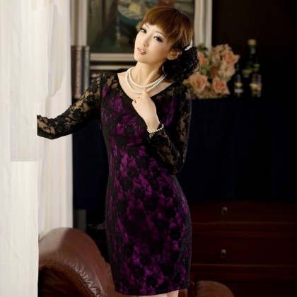 Purple Long Sleeve Lace Slim Dress 3008-80 Purple Long Sleeve Lace Slim Dress 3008-80