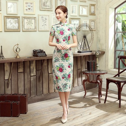 Floral Linen Midi Qipao 1128-52 Clearance No Return / No Exchange Floral Linen Midi Qipao 1128-52 Clearance No Return / No Exchange