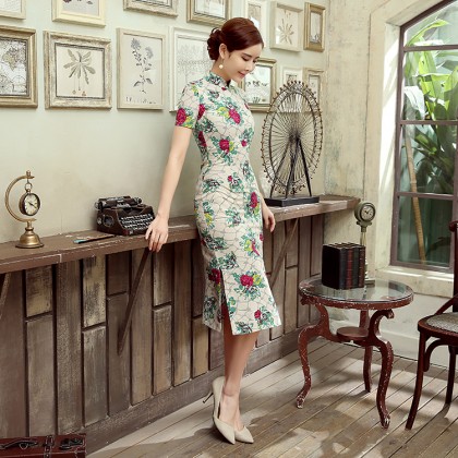Floral Linen Midi Qipao 1128-52 Clearance No Return / No Exchange Floral Linen Midi Qipao 1128-52 Clearance No Return / No Exchange