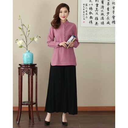  Missuya Women Cotton-Linen Long Sleeves Dark Pink Mandarin Blouse 4013-23