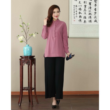  Missuya Women Cotton-Linen Long Sleeves Dark Pink Mandarin Blouse 4013-23