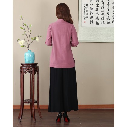  Missuya Women Cotton-Linen Long Sleeves Dark Pink Mandarin Blouse 4013-23