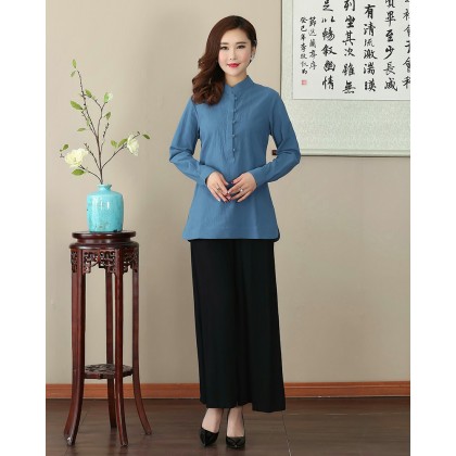 Missuya Women Cotton-Linen Long Sleeves Blue Mandarin Blouse 4013-70 Missuya Women Cotton-Linen Long Sleeves Blue Mandarin Blouse 4013-70