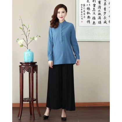 Missuya Women Cotton-Linen Long Sleeves Blue Mandarin Blouse 4013-70 Missuya Women Cotton-Linen Long Sleeves Blue Mandarin Blouse 4013-70