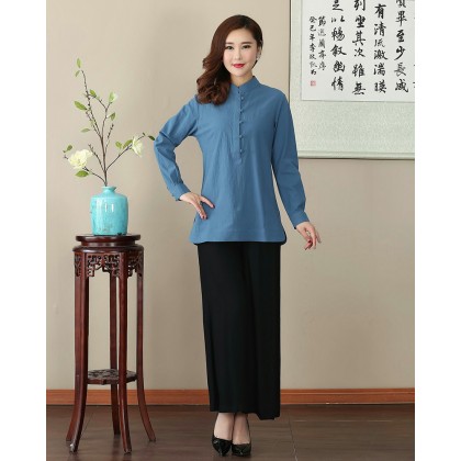 Missuya Women Cotton-Linen Long Sleeves Blue Mandarin Blouse 4013-70 Missuya Women Cotton-Linen Long Sleeves Blue Mandarin Blouse 4013-70