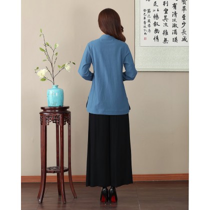 Missuya Women Cotton-Linen Long Sleeves Blue Mandarin Blouse 4013-70 Missuya Women Cotton-Linen Long Sleeves Blue Mandarin Blouse 4013-70