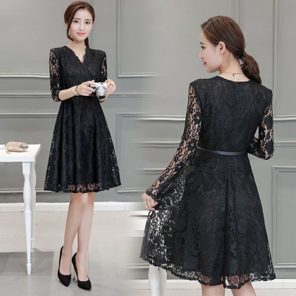 Korean Graceful Long-sleeved V-Neck Black Lace Midi Dress 3013-99 Korean Graceful Long-sleeved V-Neck Black Lace Midi Dress 3013-99