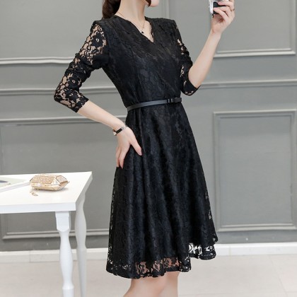Korean Graceful Long-sleeved V-Neck Black Lace Midi Dress 3013-99 Korean Graceful Long-sleeved V-Neck Black Lace Midi Dress 3013-99