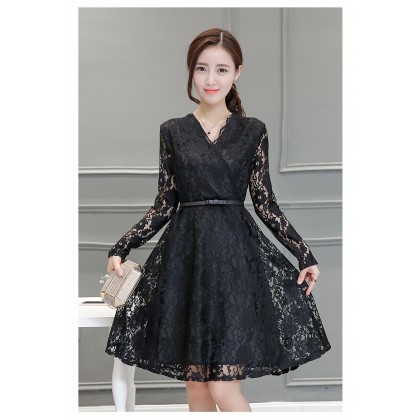Korean Graceful Long-sleeved V-Neck Black Lace Midi Dress 3013-99 Korean Graceful Long-sleeved V-Neck Black Lace Midi Dress 3013-99