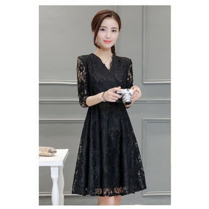 Korean Graceful Long-sleeved V-Neck Black Lace Midi Dress 3013-99 Korean Graceful Long-sleeved V-Neck Black Lace Midi Dress 3013-99