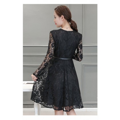 Korean Graceful Long-sleeved V-Neck Black Lace Midi Dress 3013-99 Korean Graceful Long-sleeved V-Neck Black Lace Midi Dress 3013-99