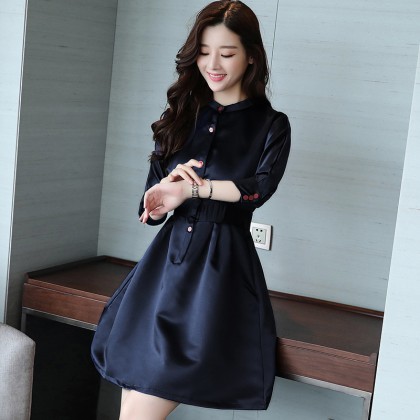K-Fashion Mid-Sleeved OL Navy Viscose Elegant Midi Dress 3014-76 K-Fashion Mid-Sleeved OL Navy Viscose Elegant Midi Dress 3014-76