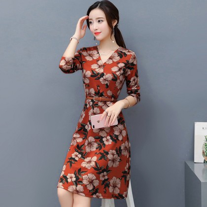 K-Fashion Style Polyester Print 3/4 sleeved Orange Midi Dress 3015-30 K-Fashion Style Polyester Print 3/4 sleeved Orange Midi Dress 3015-30