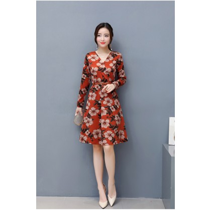 K-Fashion Style Polyester Print 3/4 sleeved Orange Midi Dress 3015-30 K-Fashion Style Polyester Print 3/4 sleeved Orange Midi Dress 3015-30