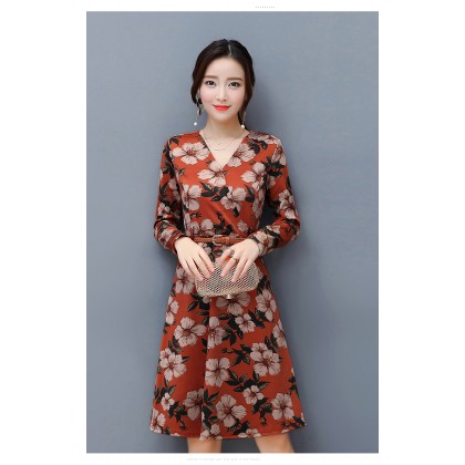 K-Fashion Style Polyester Print 3/4 sleeved Orange Midi Dress 3015-30 K-Fashion Style Polyester Print 3/4 sleeved Orange Midi Dress 3015-30
