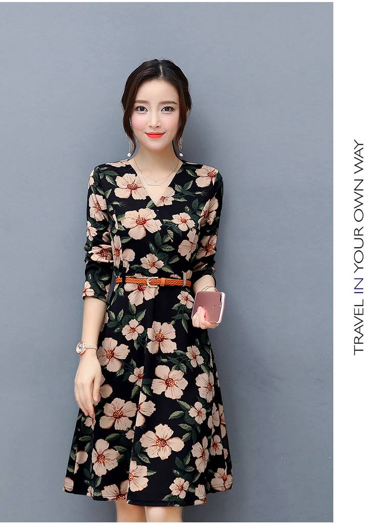 KFashion Style Polyester Print 3/4 sleeved Black Midi Dress