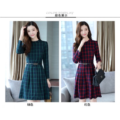 Korean Elegant Plaid Long-Sleeved Green Midi Dress 3016-30 Korean Elegant Plaid Long-Sleeved Green Midi Dress 3016-30
