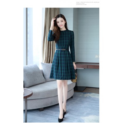 Korean Elegant Plaid Long-Sleeved Green Midi Dress 3016-30 Korean Elegant Plaid Long-Sleeved Green Midi Dress 3016-30