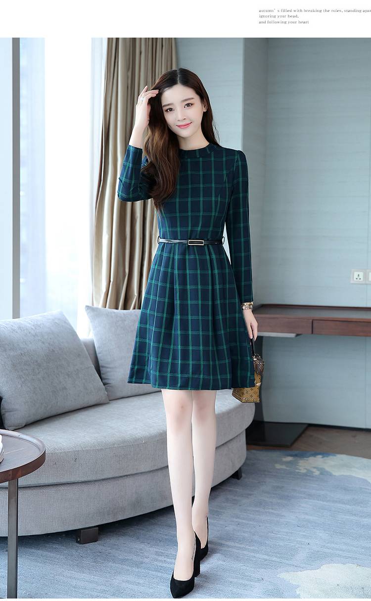 Korean Elegant Plaid LongSleeved Green Midi Dress