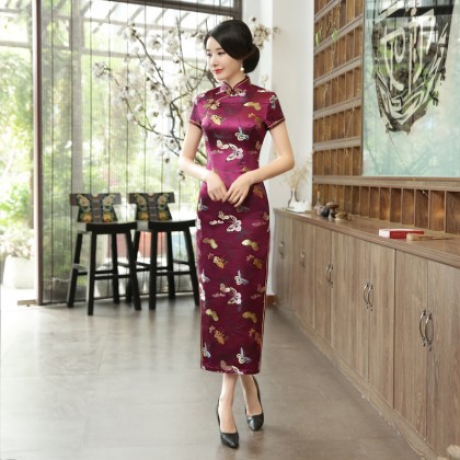 Butterfly Brocade Purple Red Cheongsam 1018-85 Clearance No Return / No Exchange