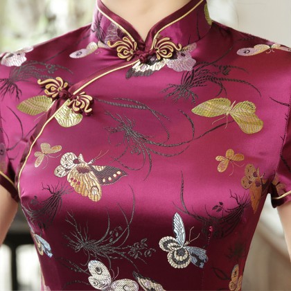 Butterfly Brocade Purple Red Cheongsam 1018-85 Clearance No Return / No Exchange