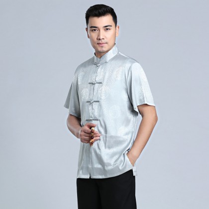 Men's Short-sleeved Light Grey Mandarin Shirt 11012-91 Men's Short-sleeved Light Grey Mandarin Shirt 11012-91