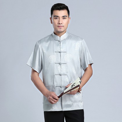 Men's Short-sleeved Light Grey Mandarin Shirt 11012-91 Men's Short-sleeved Light Grey Mandarin Shirt 11012-91