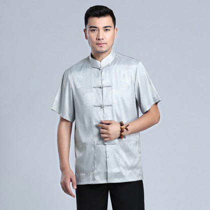 Men's Short-sleeved Light Grey Mandarin Shirt 11012-91 Men's Short-sleeved Light Grey Mandarin Shirt 11012-91