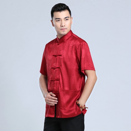 Men's Short-sleeved Maroon Mandarin Shirt 11012-29 Men's Short-sleeved Maroon Mandarin Shirt 11012-29