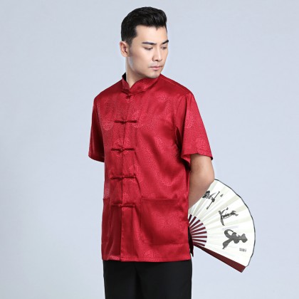 Men's Short-sleeved Maroon Mandarin Shirt 11012-29 Men's Short-sleeved Maroon Mandarin Shirt 11012-29