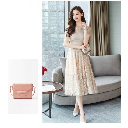K-Fashion Beige Floral Lace Midi Dress 3020-10