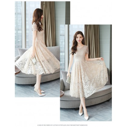 K-Fashion Beige Floral Lace Midi Dress 3020-10