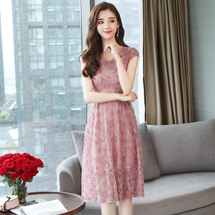 K-Fashion Pink Floral Lace Midi Dress 3020-20