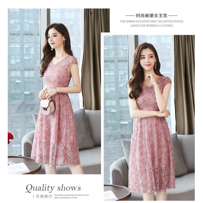 K-Fashion Pink Floral Lace Midi Dress 3020-20