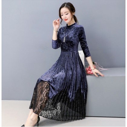 K Fashion Elegant Velvet / Lace Blue Midi Dress 3023-70