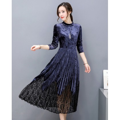 K Fashion Elegant Velvet / Lace Blue Midi Dress 3023-70