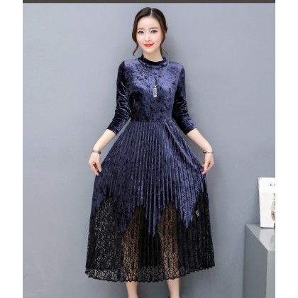 K Fashion Elegant Velvet / Lace Blue Midi Dress 3023-70