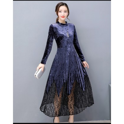 K Fashion Elegant Velvet / Lace Blue Midi Dress 3023-70