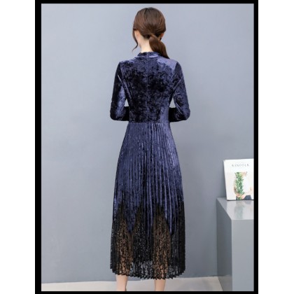 K Fashion Elegant Velvet / Lace Blue Midi Dress 3023-70