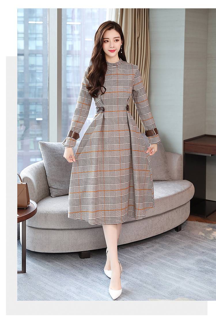 Korean Elegant Long Sleeved Plaid Khaki Midi Dress