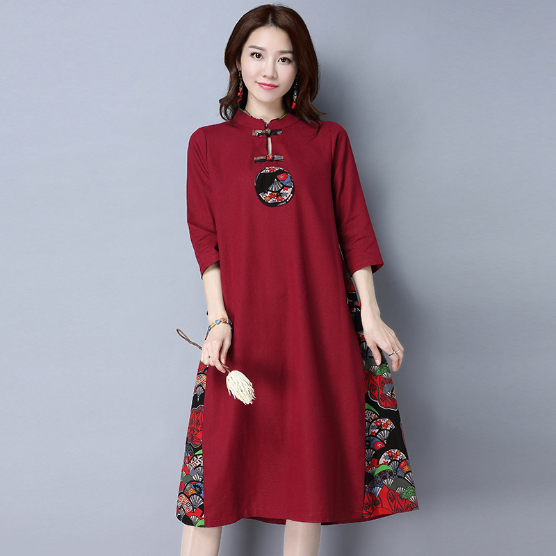Elegant Linen Maroon Midi Cheongsam Dress