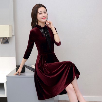 Korean Lotus Leaf Velvet Slim Dress 3025-29