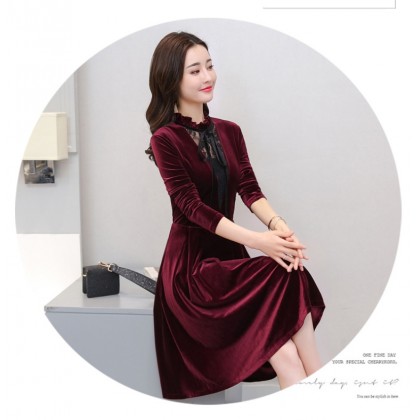 Korean Lotus Leaf Velvet Slim Dress 3025-29