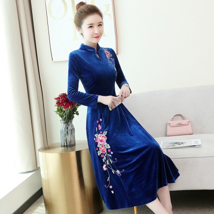 Embroidery Velvet Sapphire Midi Cheongsam Dress 1311-73