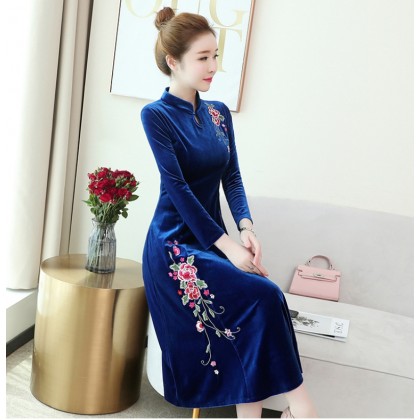 Embroidery Velvet Sapphire Midi Cheongsam Dress 1311-73