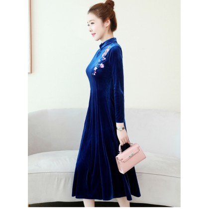 Embroidery Velvet Sapphire Midi Cheongsam Dress 1311-73