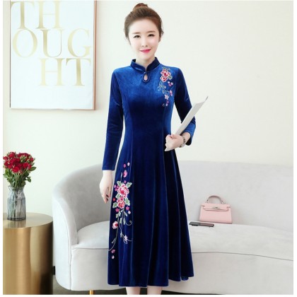 Embroidery Velvet Sapphire Midi Cheongsam Dress 1311-73